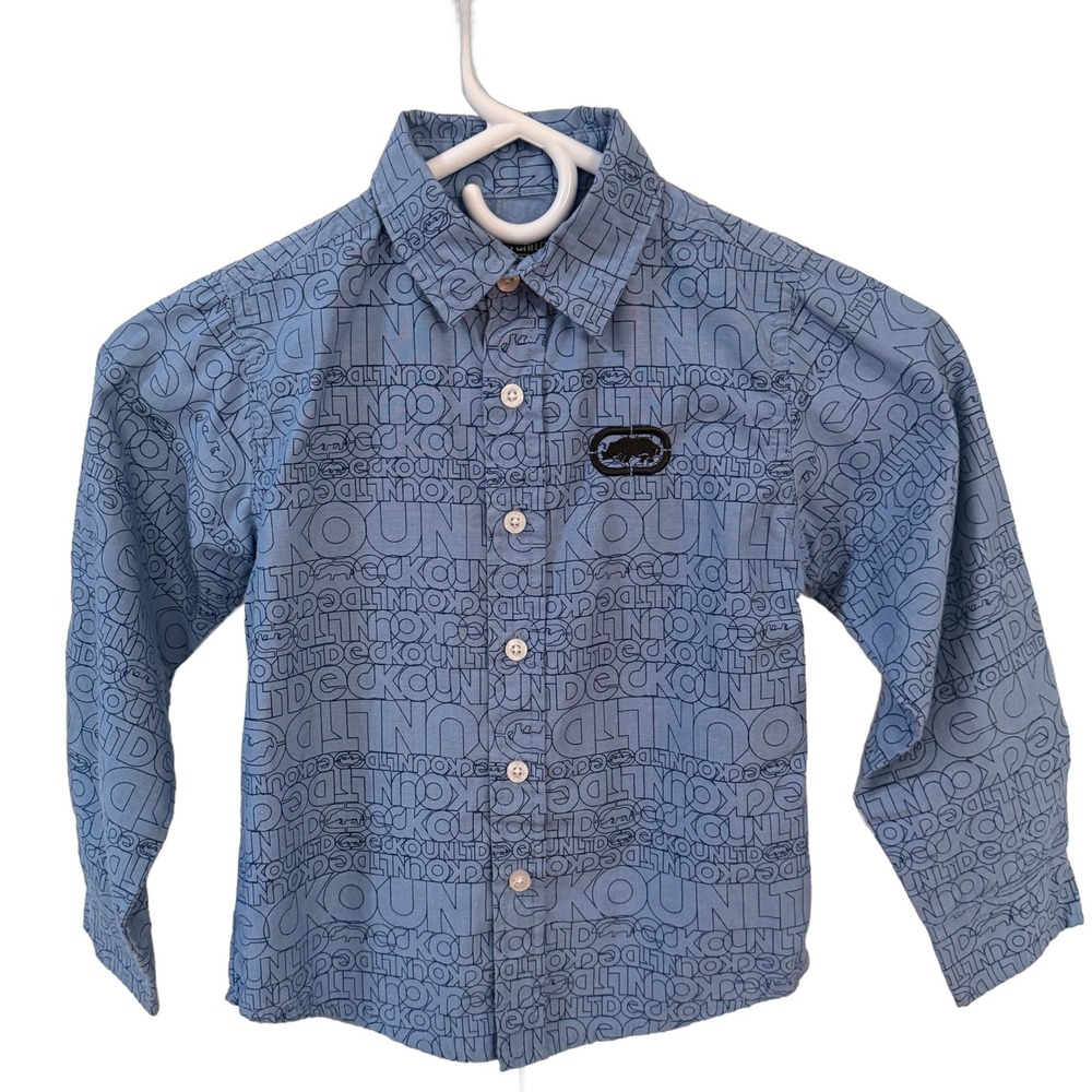 Ecko‎ Unltd Boys Blue All Over Logo Print Button Down Shirt Size 5 Rhino Logo
